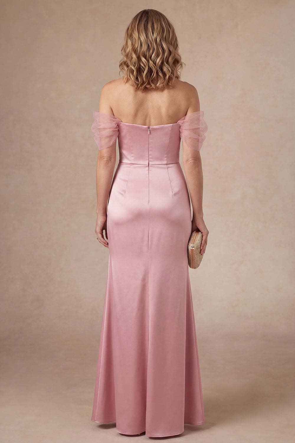 Ruched Pink Off the Shoulder Satin Long Mother of the Bride Dress with Slit