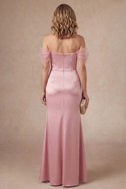 Ruched Pink Off the Shoulder Satin Long Mother of the Bride Dress with Slit
