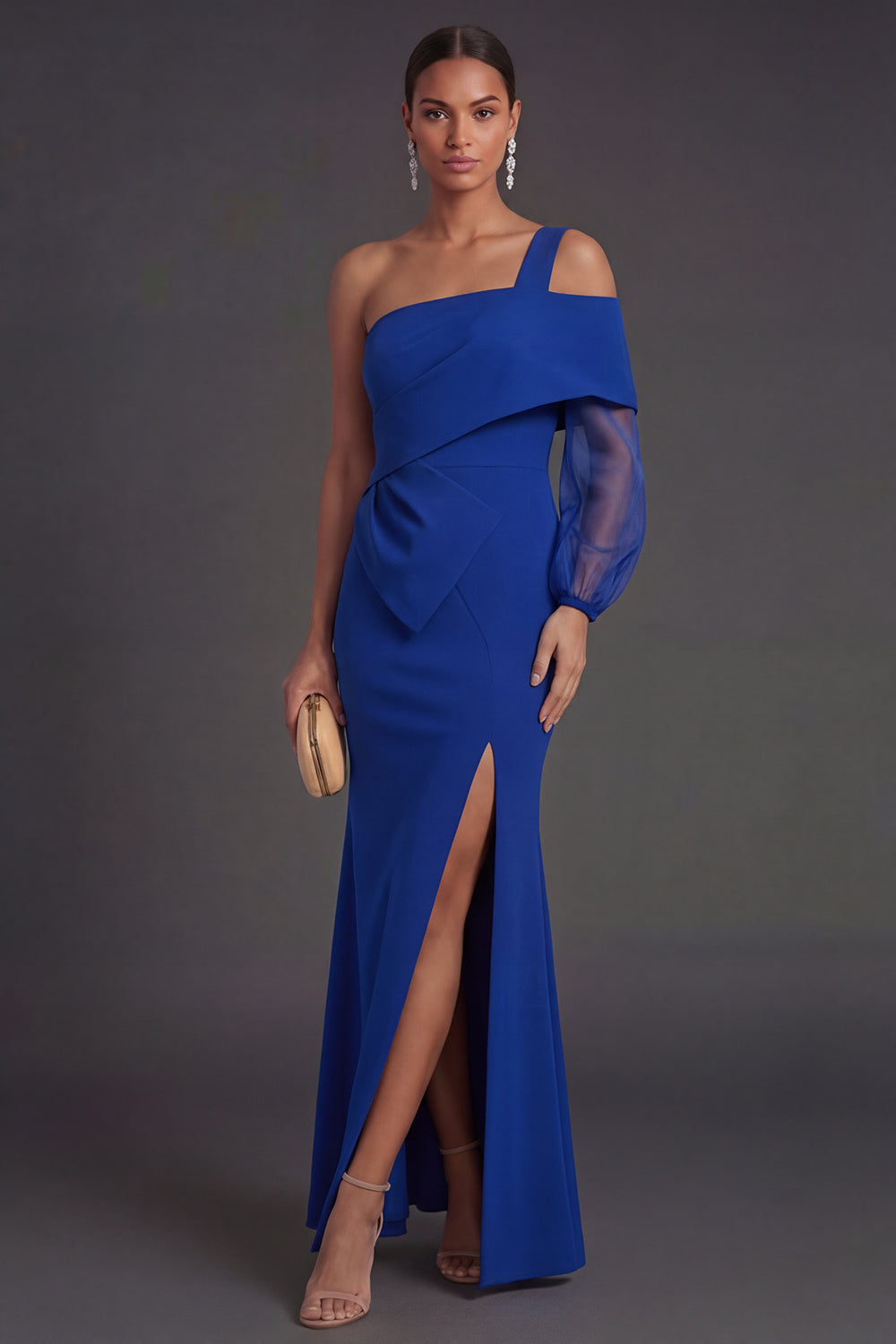 Leely Women Royal Blue Mermaid Long Formal Dress with Slit One Shoulder Evening Dress