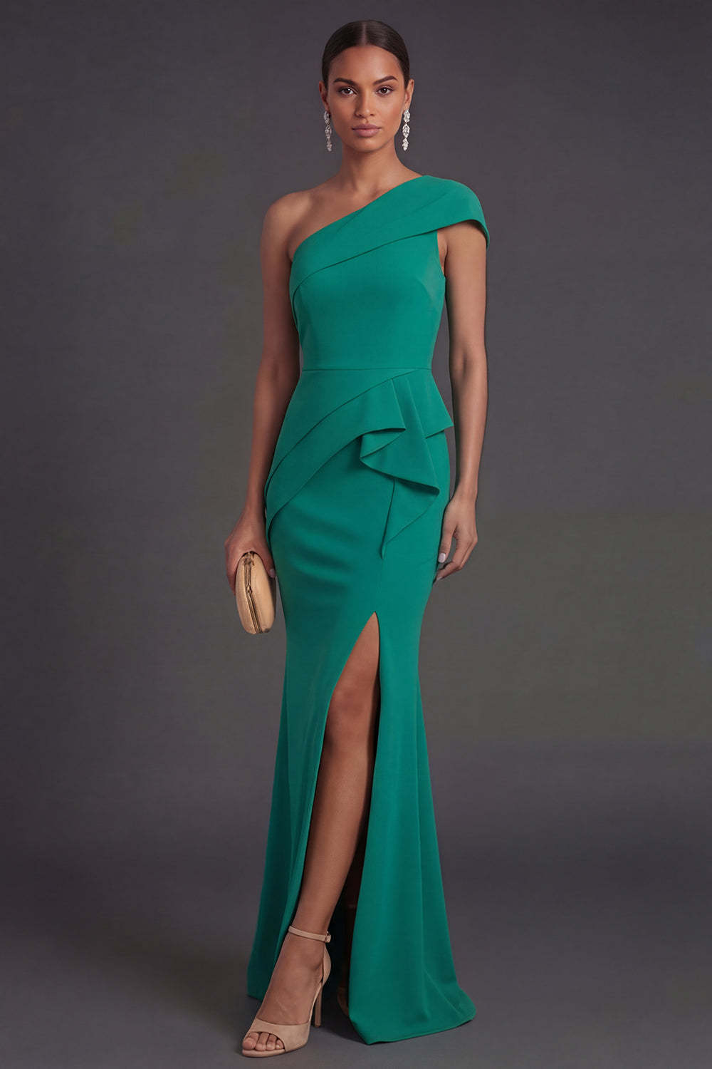 Leely Women Dark Green Mermaid Long Formal Dress with Slit One Shoulder Ruffled Evening Dress