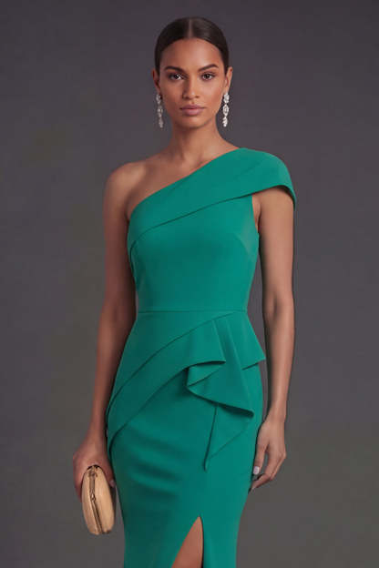 Long Dark Green Mermaid One Shoulder Formal Dress with Slit