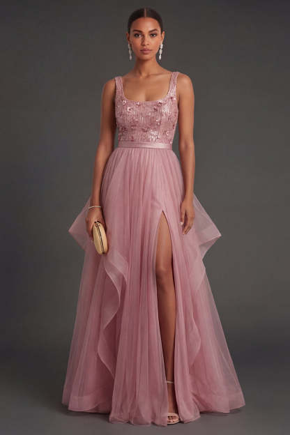 Leely Women Pink A Line Long Tulle Formal Dress with Slit Ruffled Scoop Neck Evening Dress with Sequins