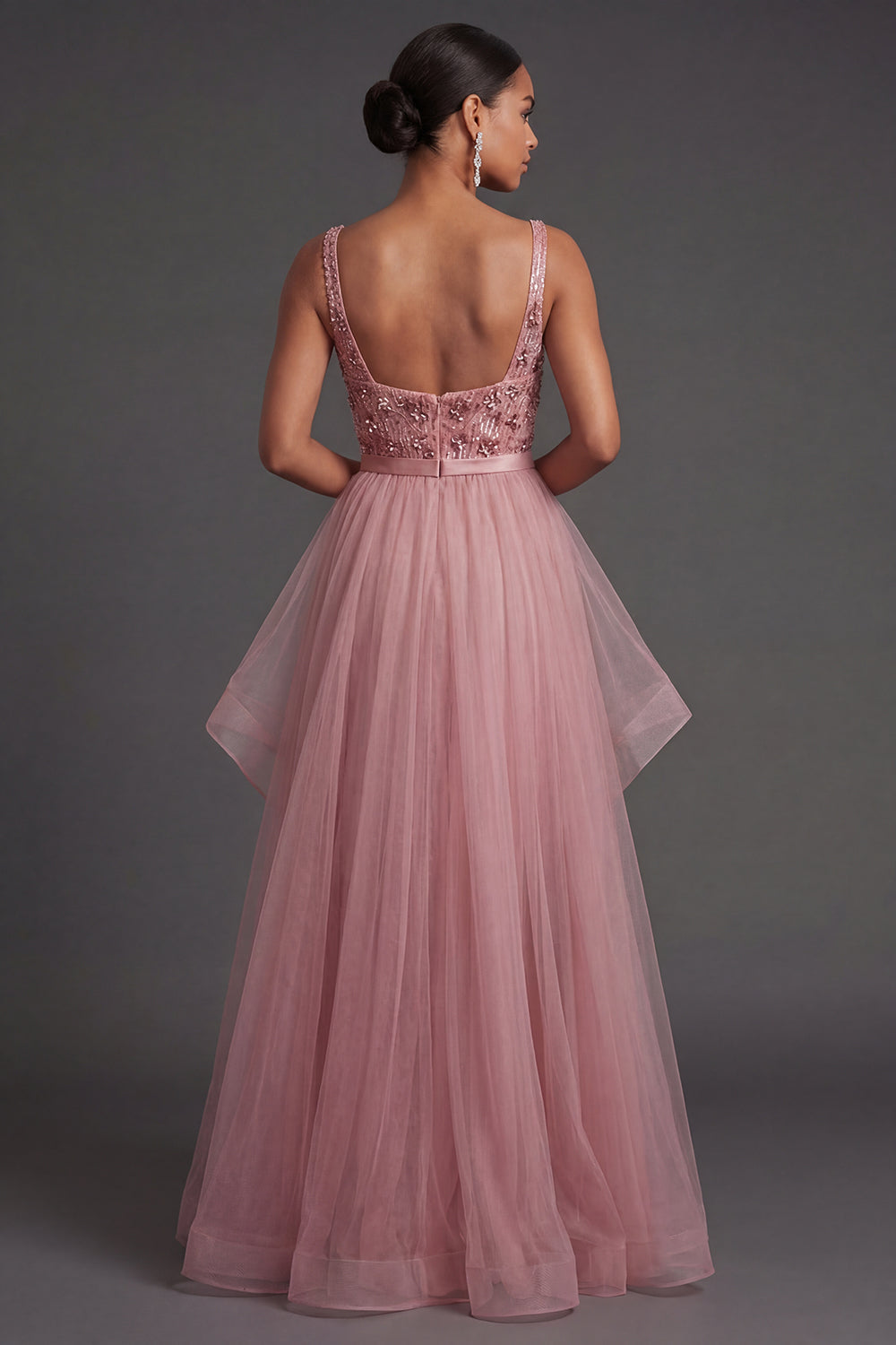 Pink A Line Tulle Ruffles Long Scoop Neck Formal Dress with Slit