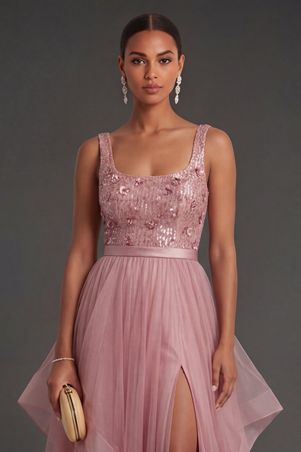 Pink A Line Tulle Ruffles Long Scoop Neck Formal Dress with Slit