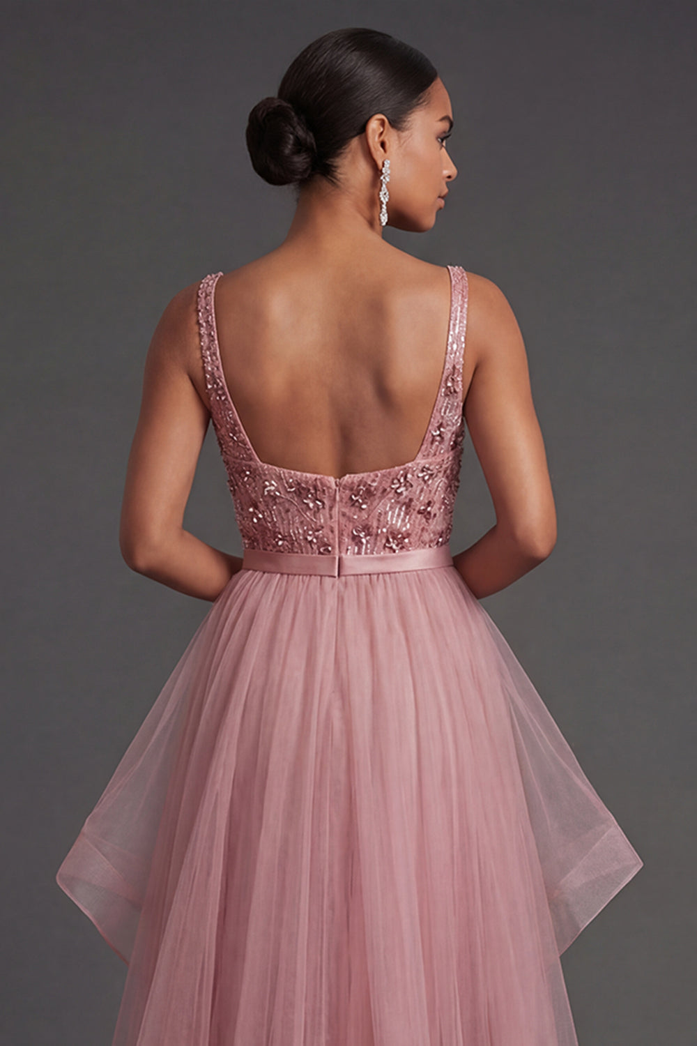 Pink A Line Tulle Ruffles Long Scoop Neck Formal Dress with Slit