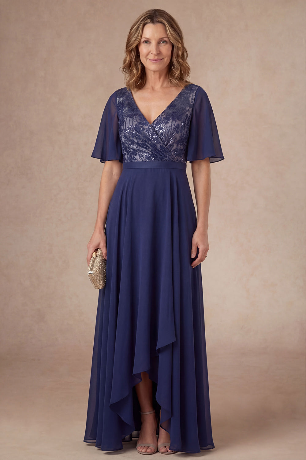 Navy Floral A Line V Neck Short Sleeves High Low Mother of the Bride Dress