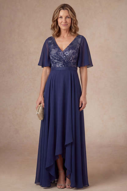 Leely Women Navy Floral A Line High Low Mother of the Bride Dress V Neck Short Sleeves Evening Dress