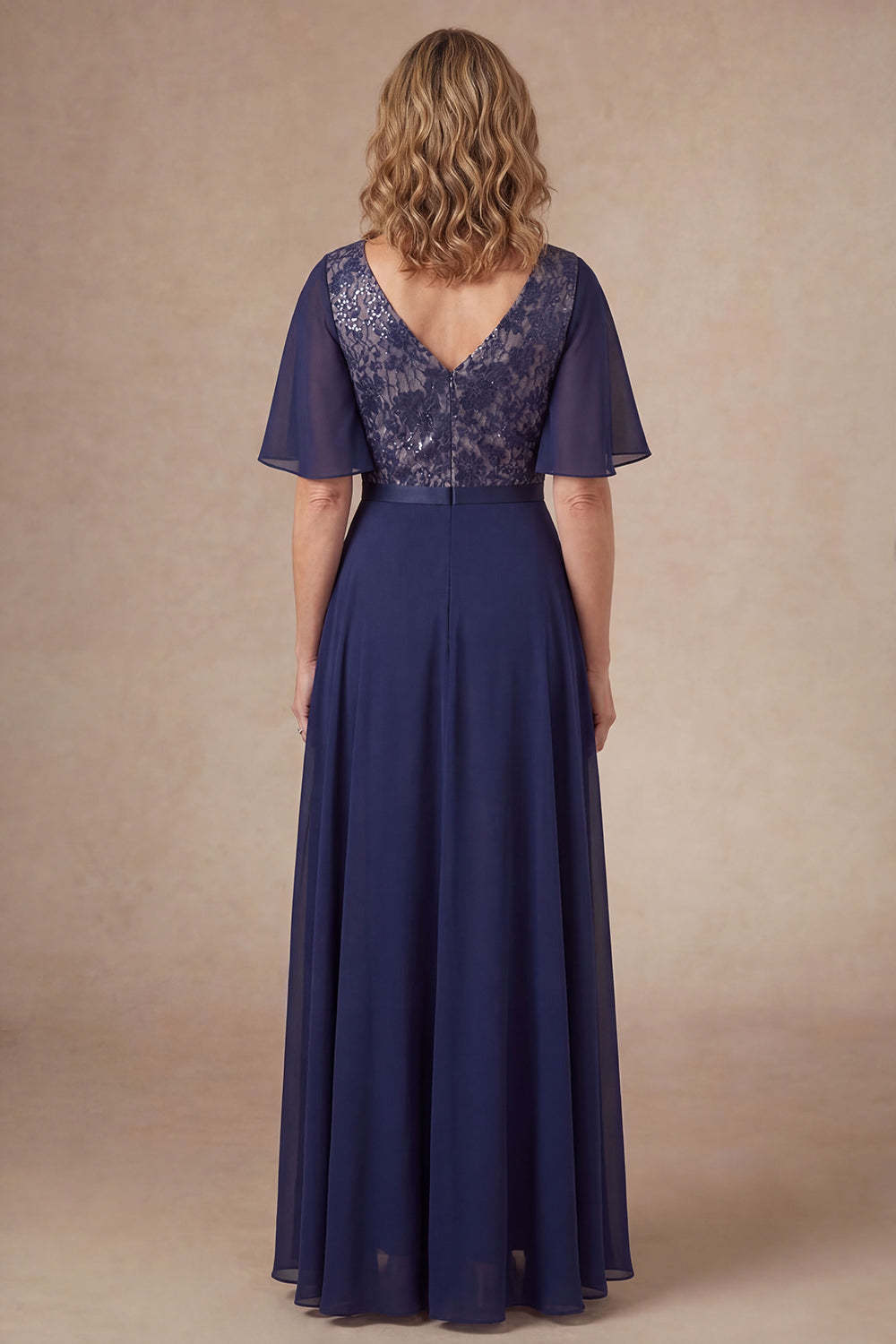 Navy Floral A Line V Neck Short Sleeves High Low Mother of the Bride Dress