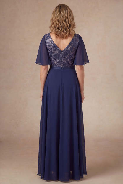 Navy Floral A Line V Neck Short Sleeves High Low Mother of the Bride Dress