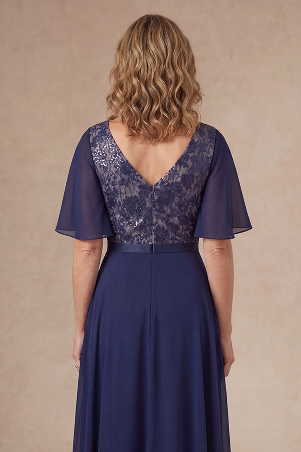 Navy Floral A Line V Neck Short Sleeves High Low Mother of the Bride Dress