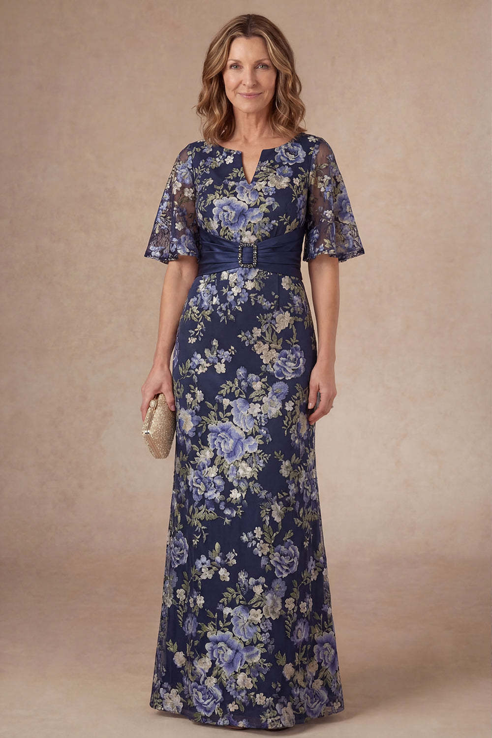 Leely Women Navy Floral Sheath Short Sleeves Long Mother of the Bride Dress Appliqued V Neck Backless Evening Dress