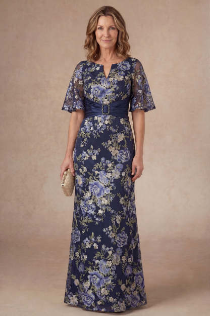 Leely Women Navy Floral Sheath Short Sleeves Long Mother of the Bride Dress Appliqued V Neck Backless Evening Dress