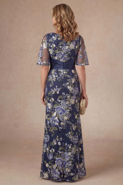 Navy Floral Sheath Appliqued V Neck Short Sleeves Long Mother of the Bride Dress