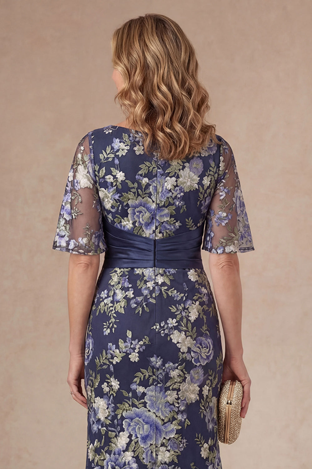 Navy Floral Sheath Appliqued V Neck Short Sleeves Long Mother of the Bride Dress