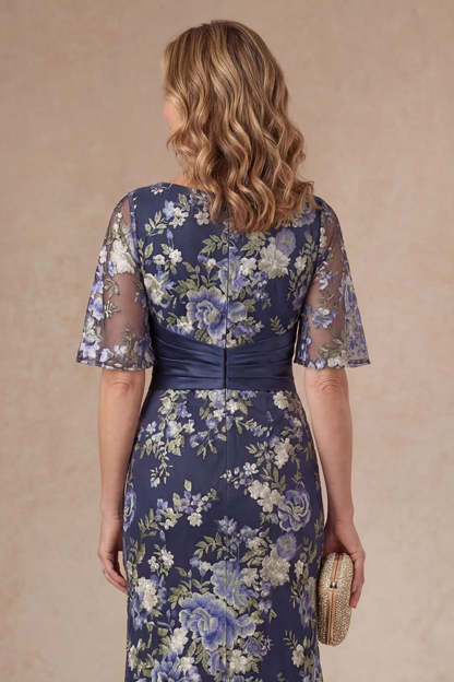 Navy Floral Sheath Appliqued V Neck Short Sleeves Long Mother of the Bride Dress