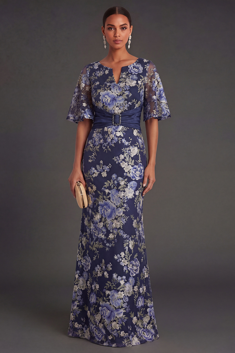 Navy Floral Sheath Appliqued V Neck Short Sleeves Long Formal Dress