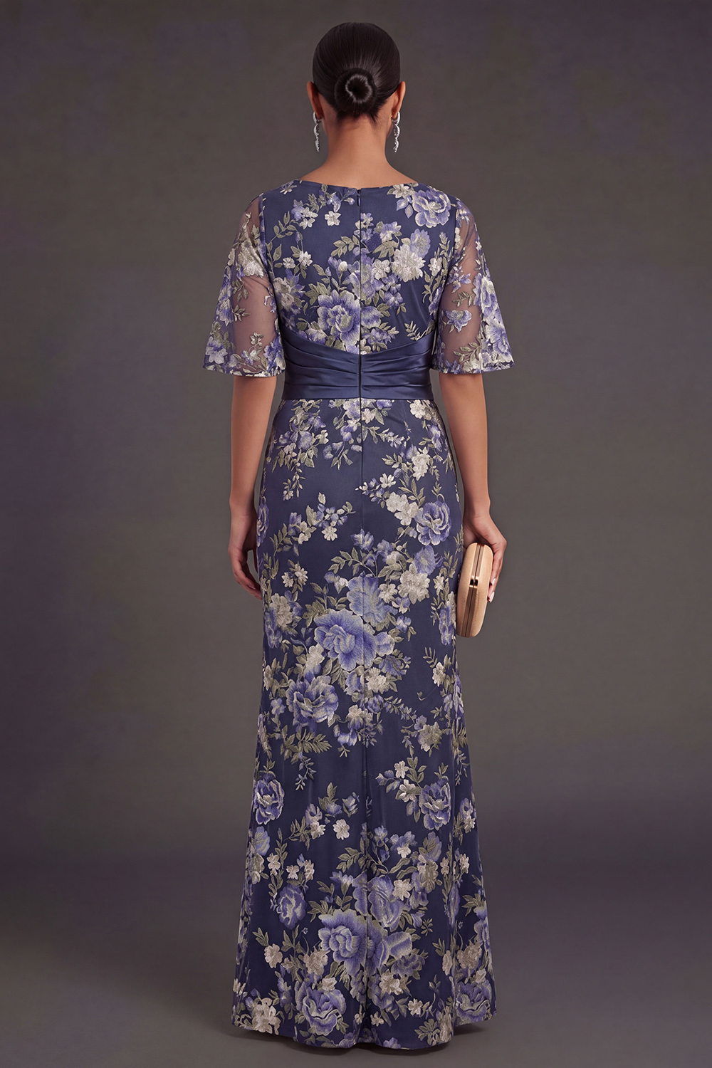 Navy Floral Sheath Appliqued V Neck Short Sleeves Long Formal Dress