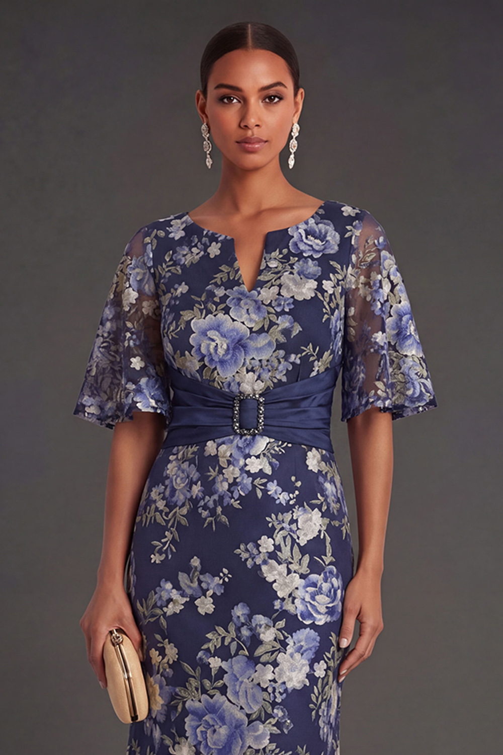 Navy Floral Sheath Appliqued V Neck Short Sleeves Long Formal Dress
