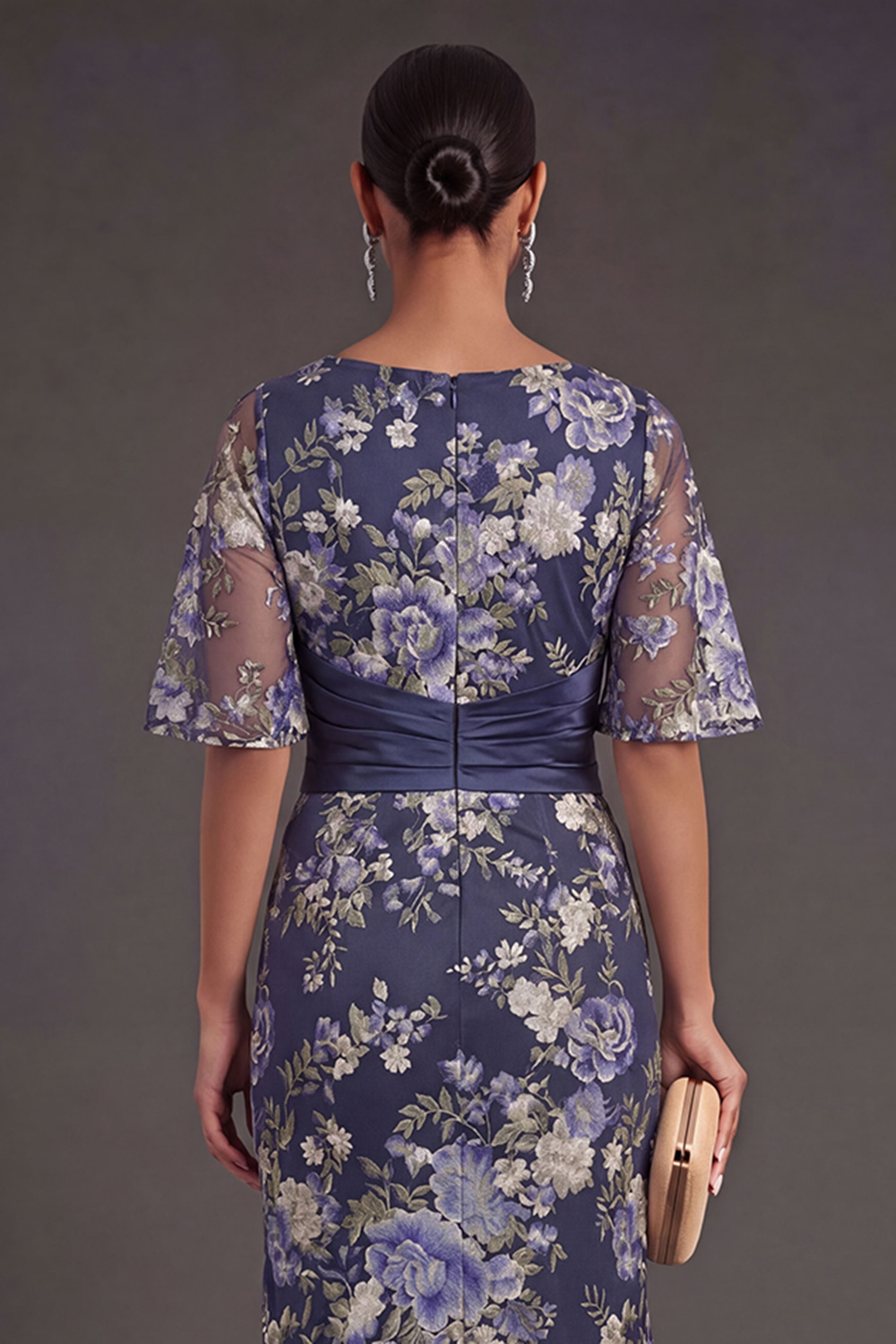 Navy Floral Sheath Appliqued V Neck Short Sleeves Long Formal Dress