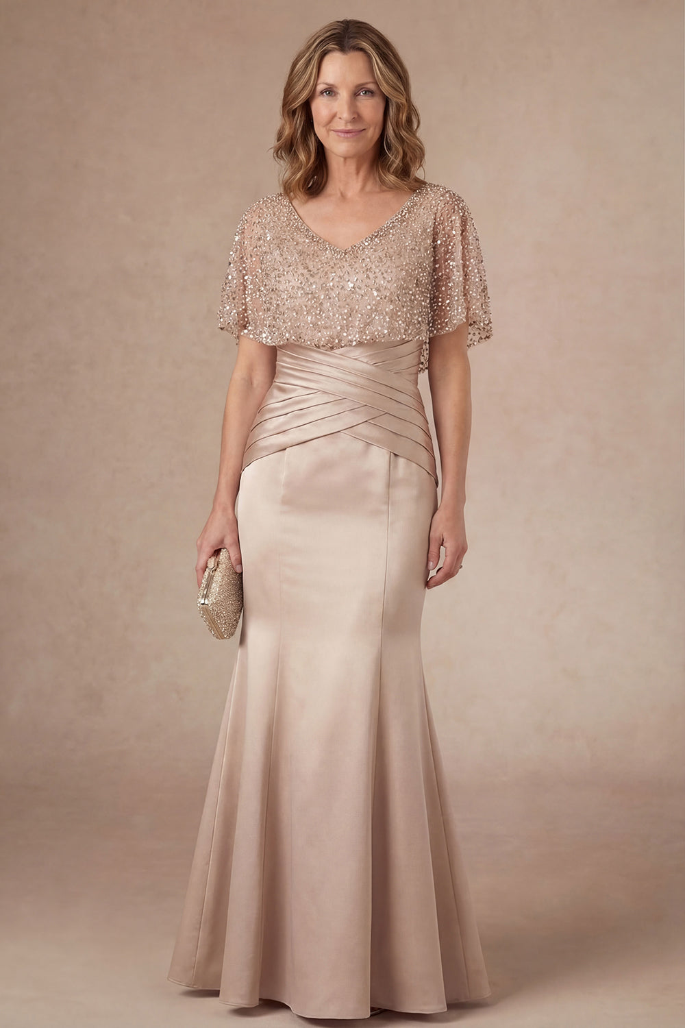 Sparkly Beaded Champagne Mermaid Ruched Satin Long Mother of the Bride Dress