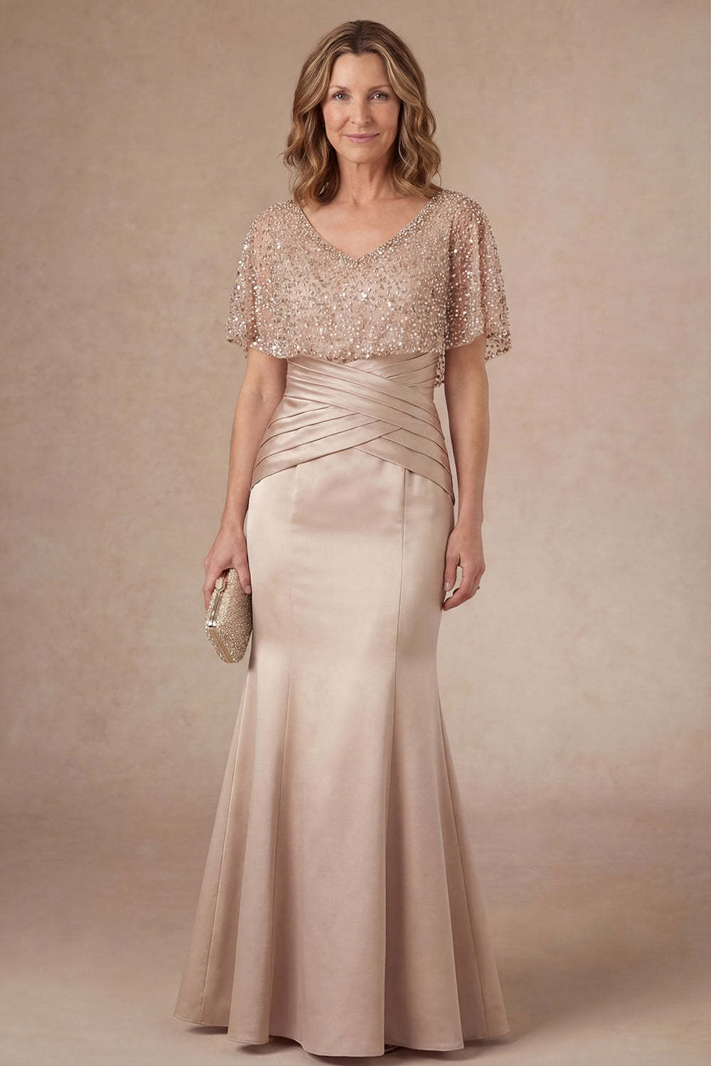 Leely Women Sparkly Beaded Champagne Mermaid Satin Long Mother of the Bride Dress Ruched Short Sleeves Wedding Guest Dress