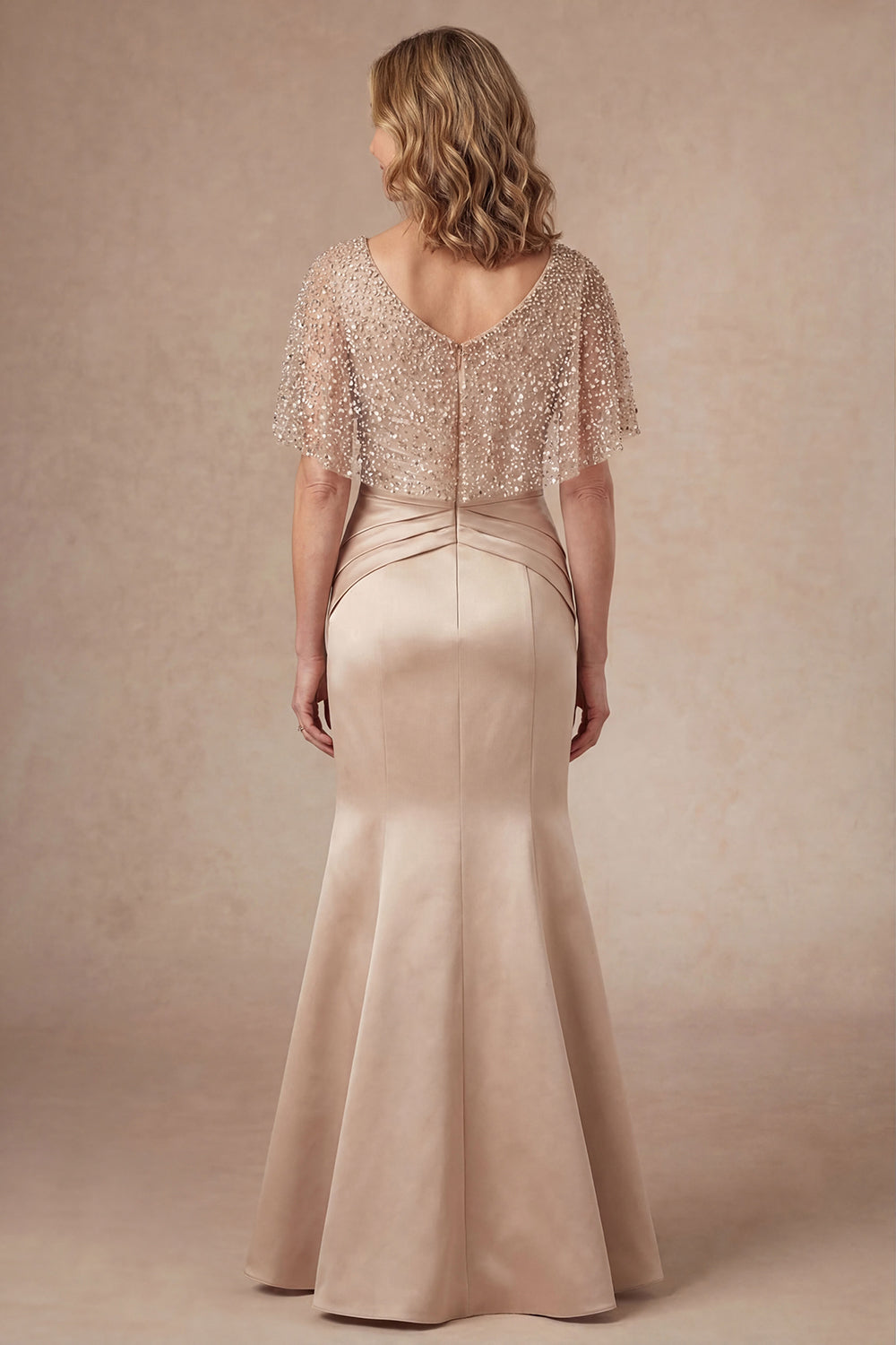 Sparkly Beaded Champagne Mermaid Ruched Satin Long Mother of the Bride Dress