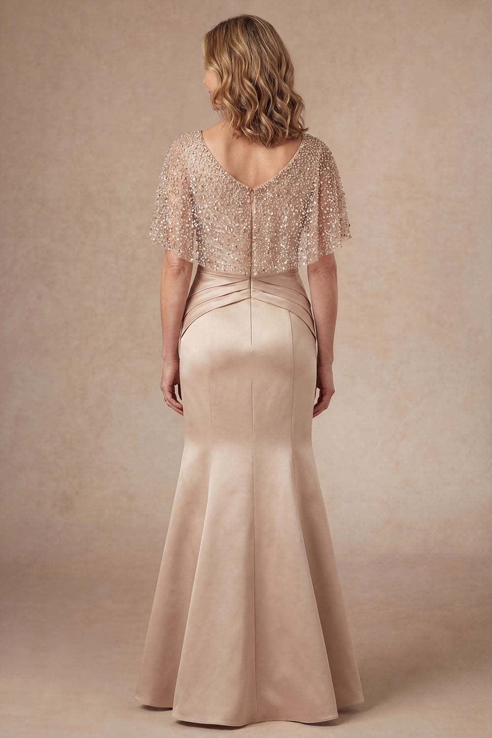 Sparkly Beaded Champagne Mermaid Ruched Satin Long Mother of the Bride Dress
