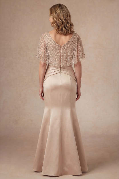 Sparkly Beaded Champagne Mermaid Ruched Satin Long Mother of the Bride Dress
