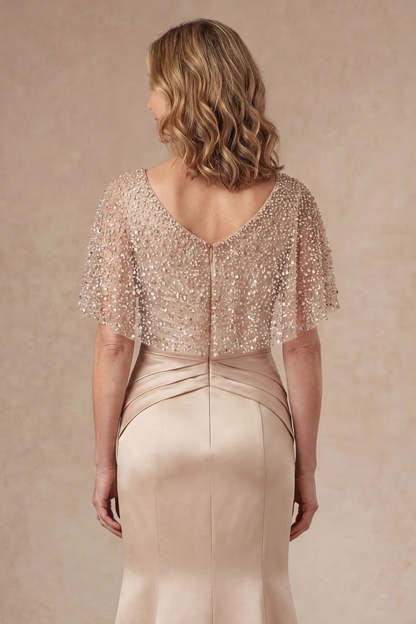Sparkly Beaded Champagne Mermaid Ruched Satin Long Mother of the Bride Dress