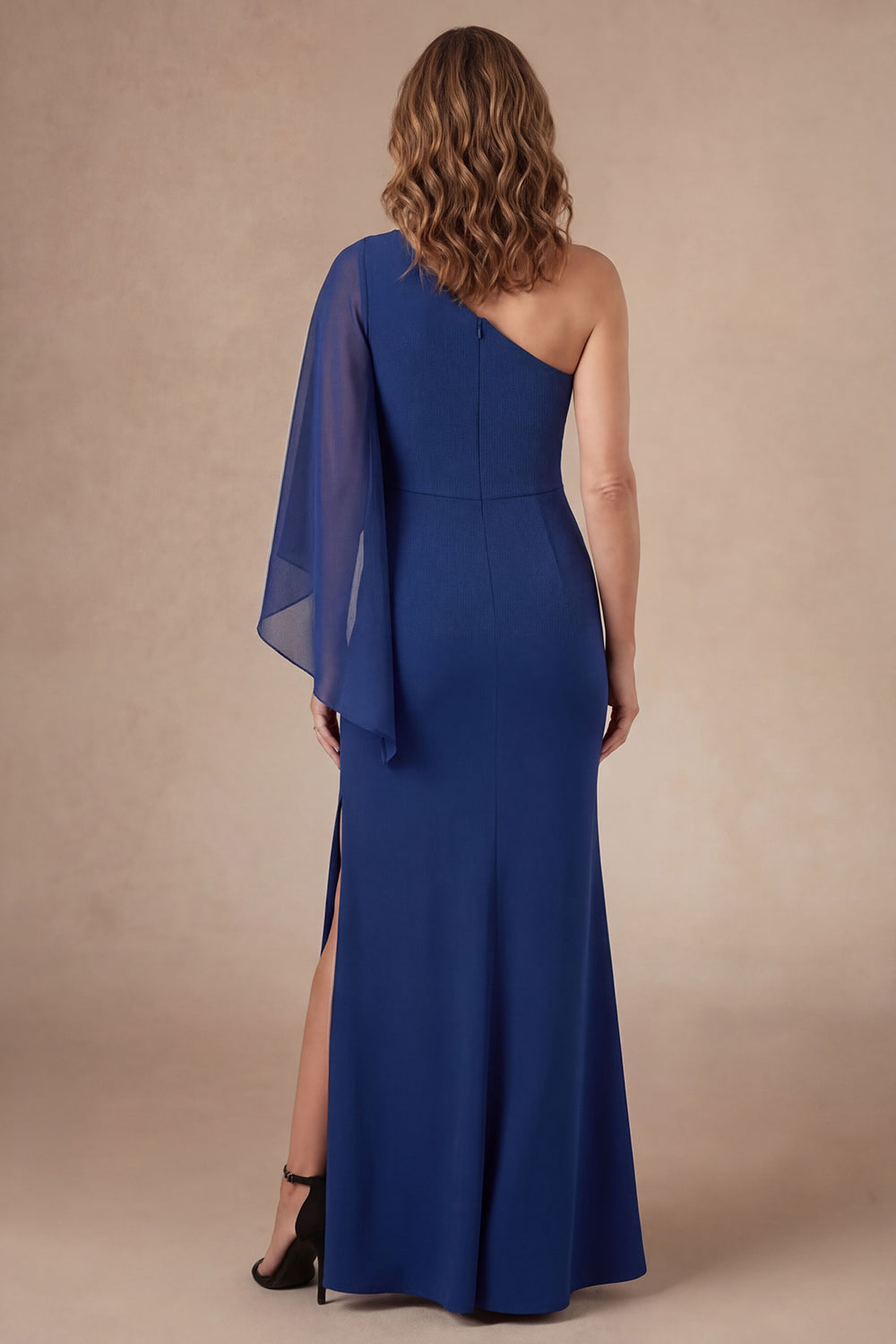 Dark Blue Ruffled Sheath One Shoulder Long Mother Dress with Slit