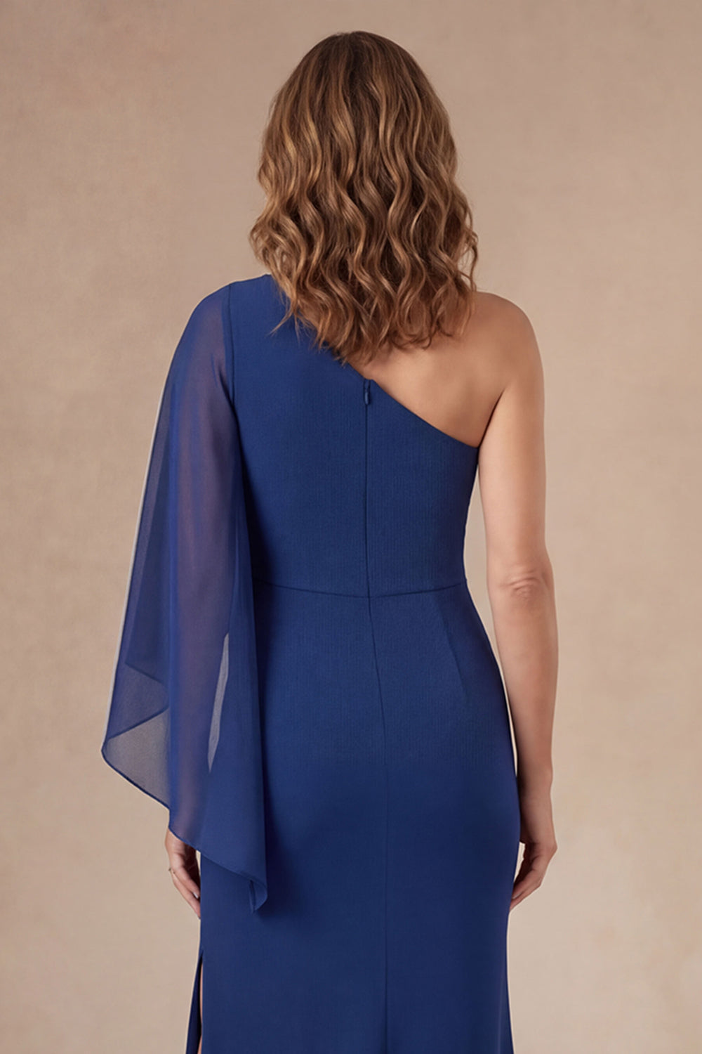 Dark Blue Ruffled Sheath One Shoulder Long Mother Dress with Slit