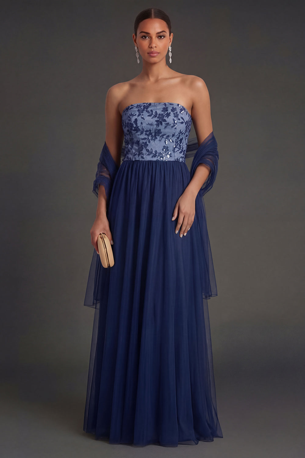 Navy Floral A Line Appliqued Strapless Long Formal Dress