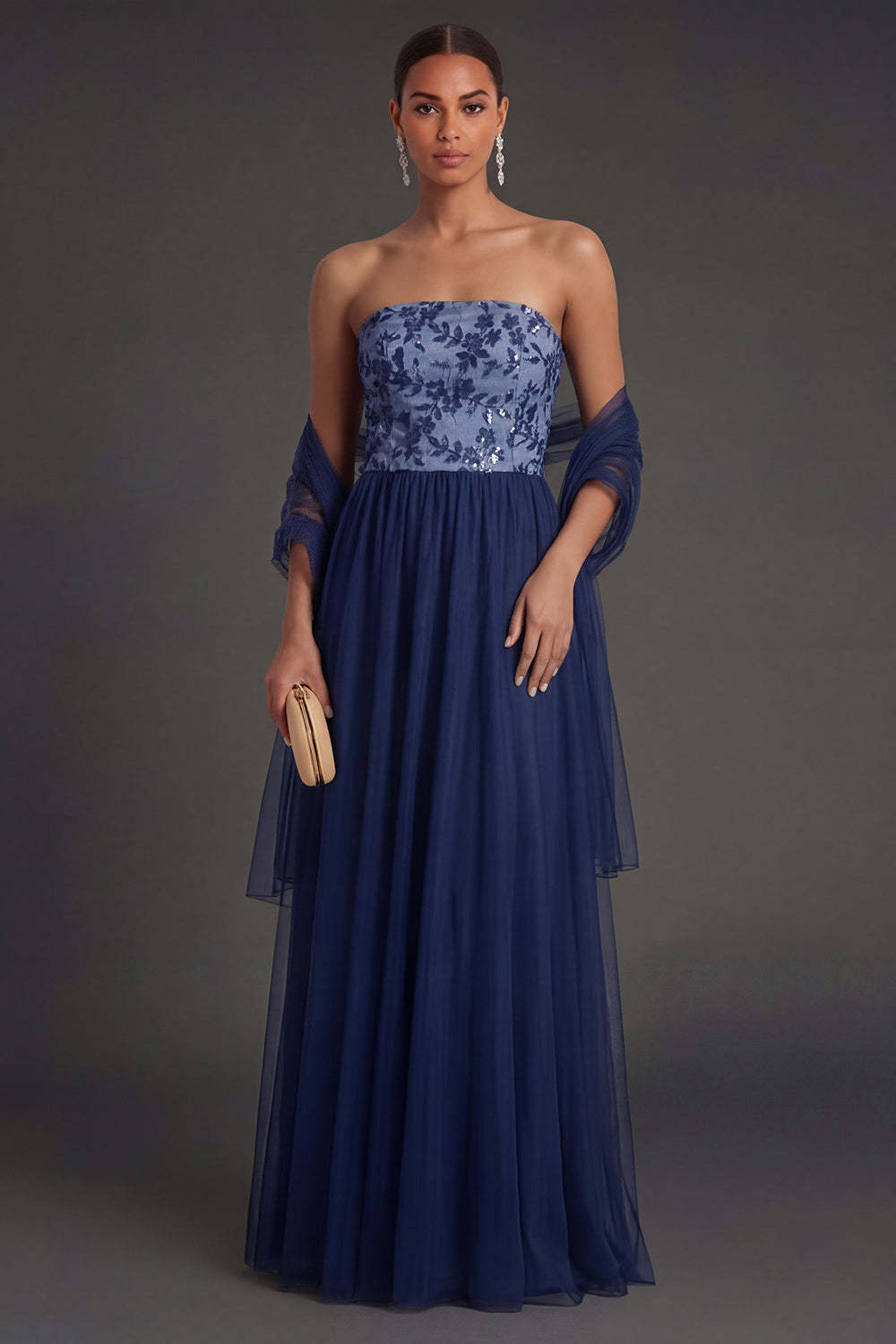 Leely Women Navy Floral A Line Appliqued Long Formal Dress Strapless Backless Sleeveless Wedding Guest Dress