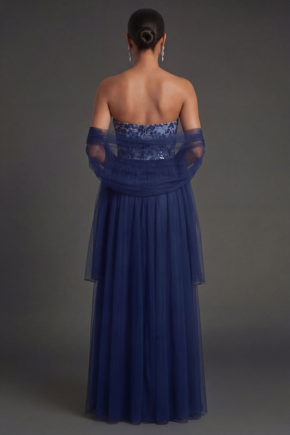 Navy Floral A Line Appliqued Strapless Long Formal Dress