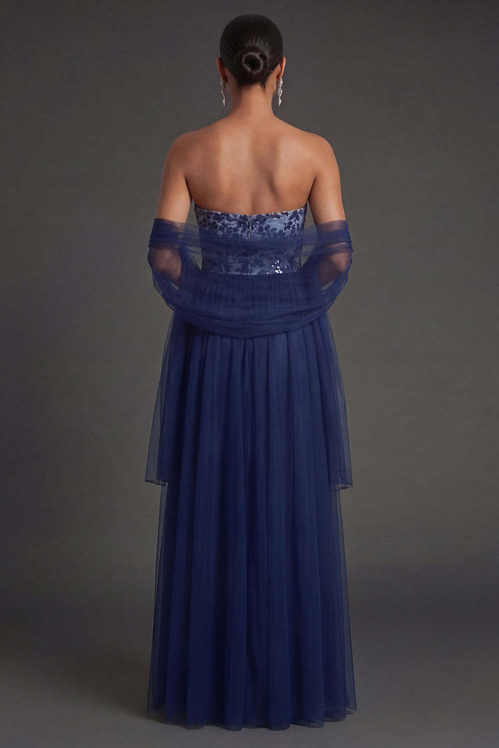 Navy Floral A Line Appliqued Strapless Long Formal Dress