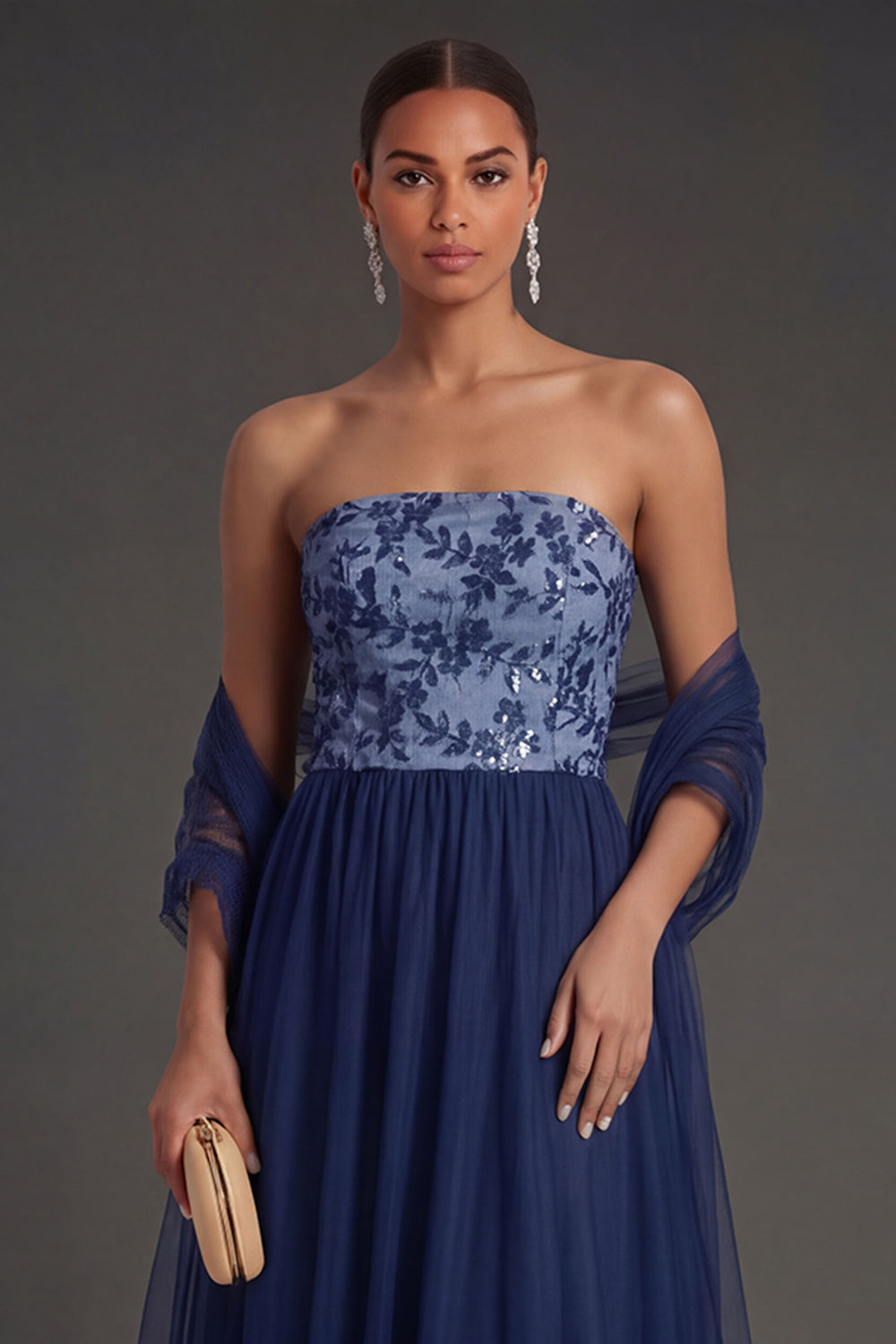 Navy Floral A Line Appliqued Strapless Long Formal Dress