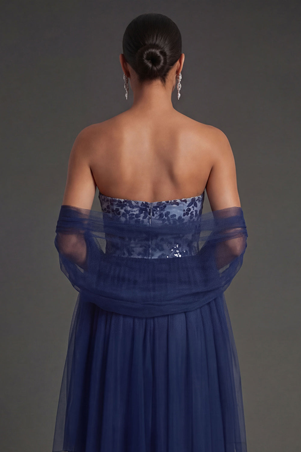 Navy Floral A Line Appliqued Strapless Long Formal Dress