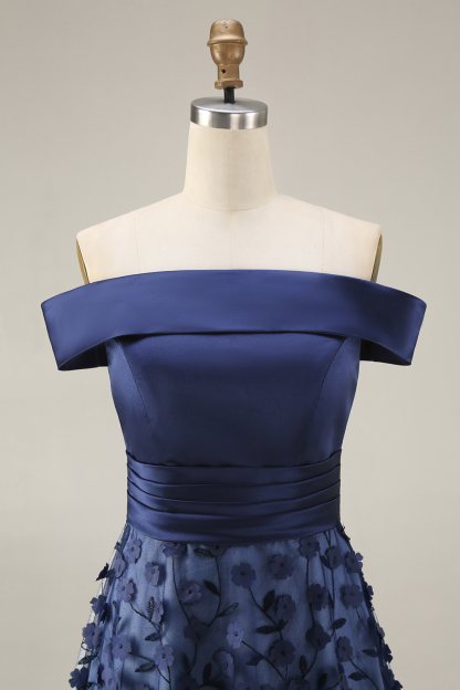 Navy A Line Floral Off the Shoulder Appliqued Satin Long Formal Dress