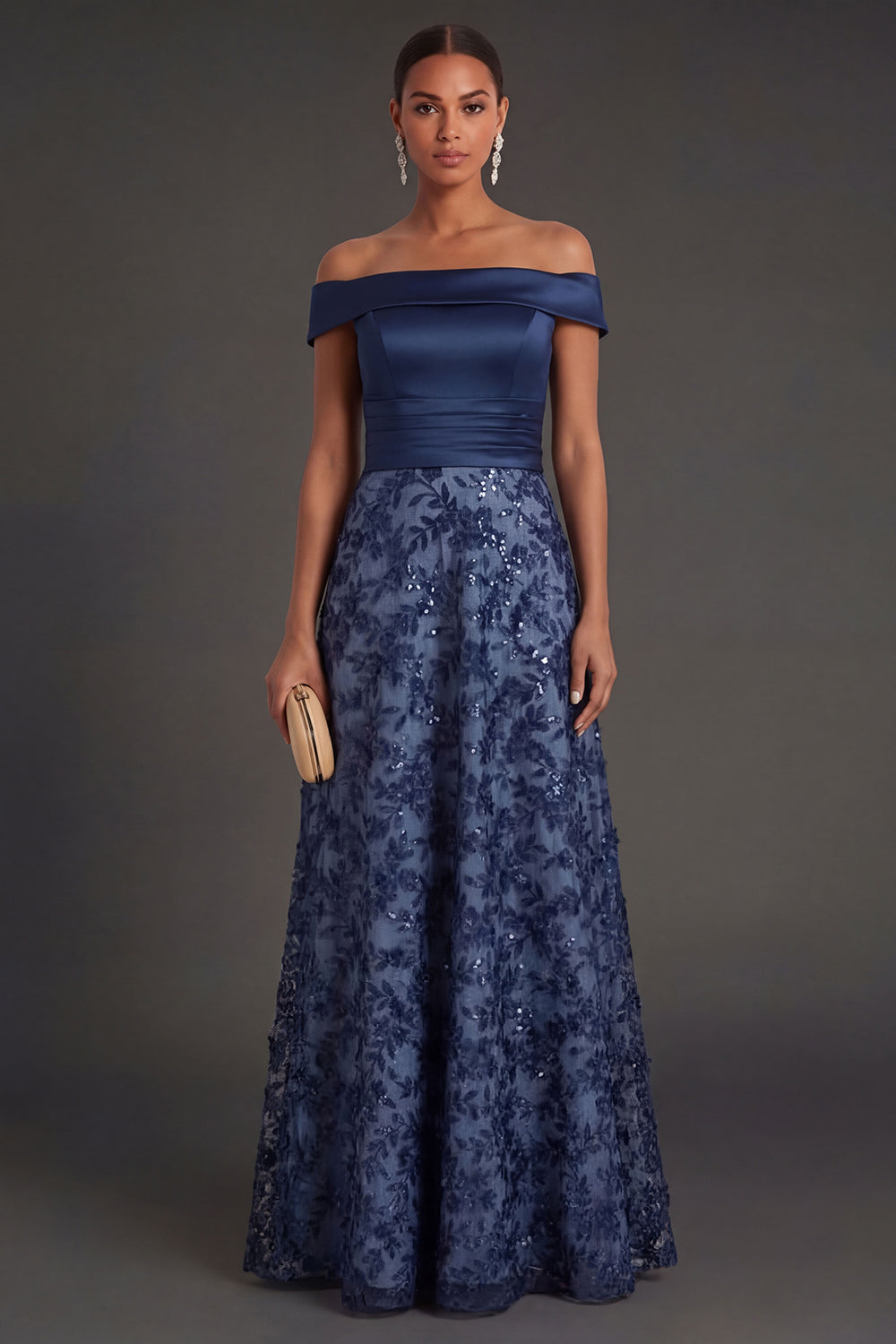 Leely Women Navy A Line Floral Off the Shoulder Satin Long Formal Dress Backless Sleeveless Appliqued Wedding Guest Dress