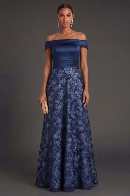 Leely Women Navy A Line Floral Off the Shoulder Satin Long Formal Dress Backless Sleeveless Appliqued Wedding Guest Dress