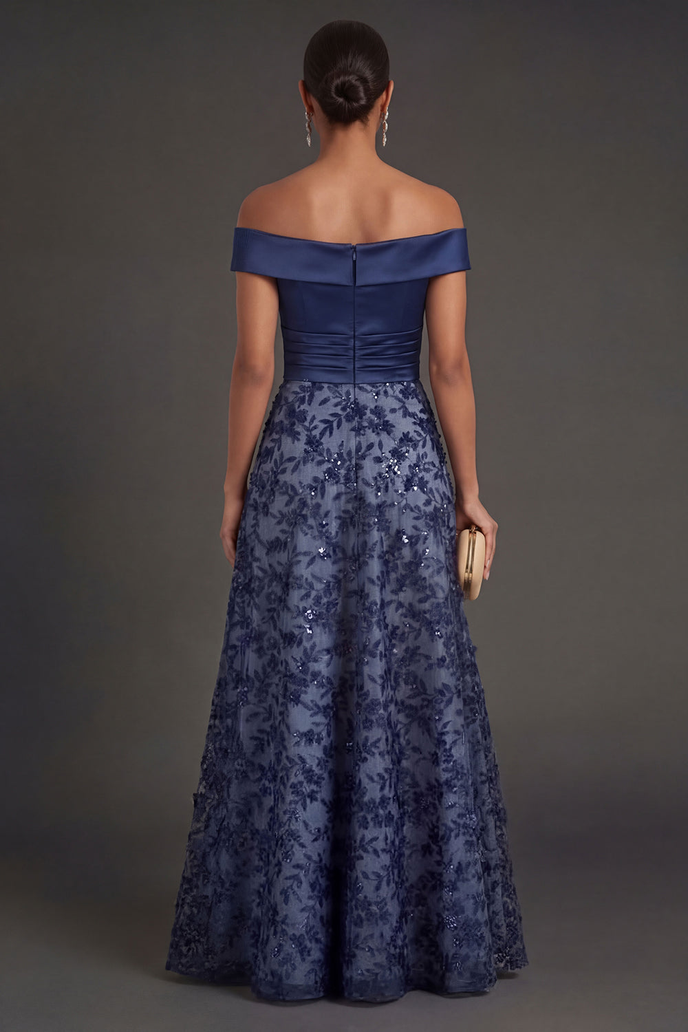 Navy A Line Floral Off the Shoulder Appliqued Satin Long Formal Dress