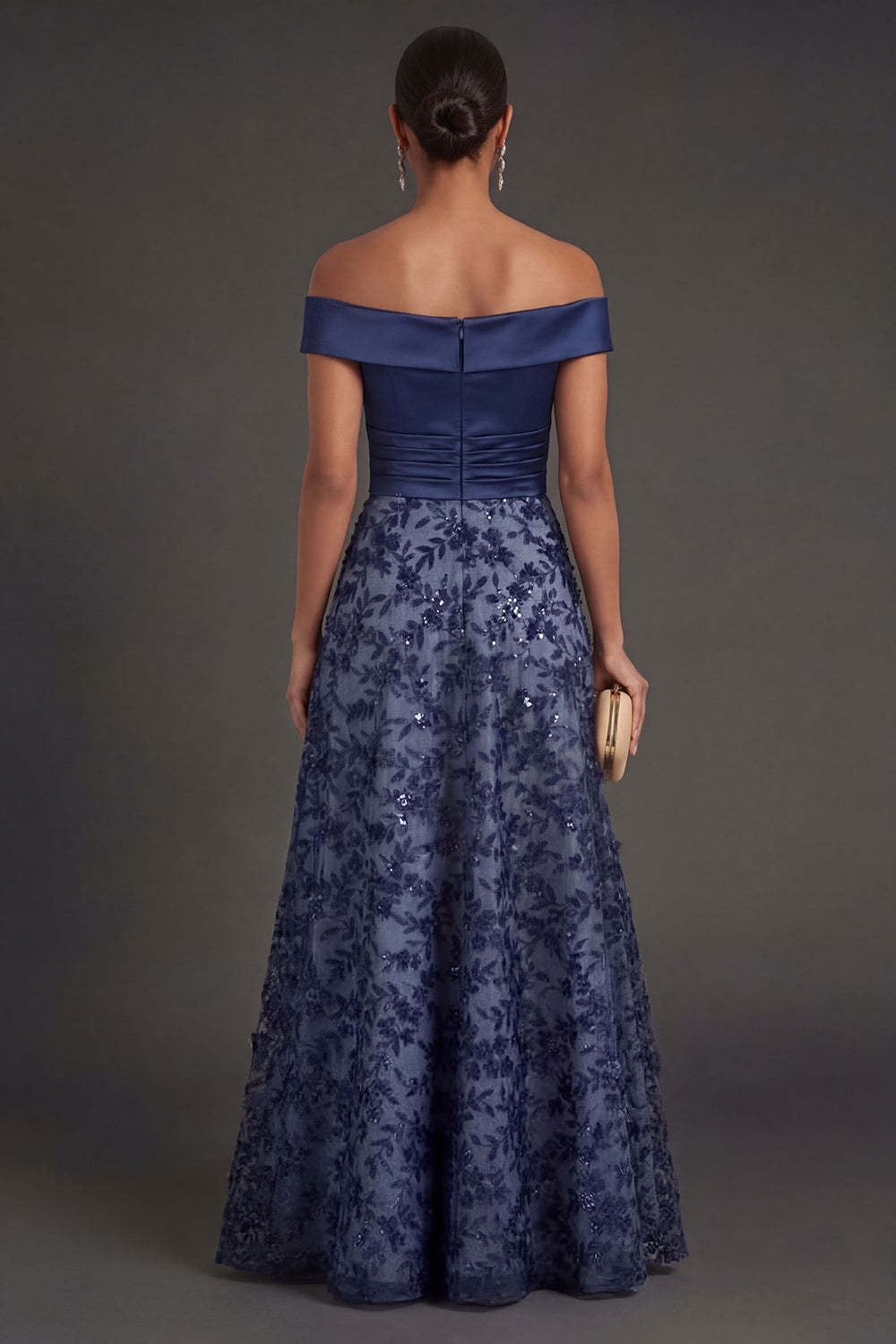 Navy A Line Floral Off the Shoulder Appliqued Satin Long Formal Dress