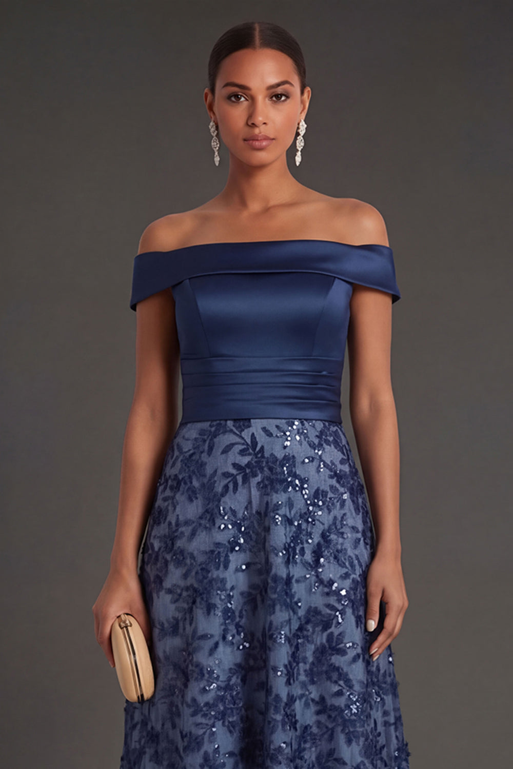 Navy A Line Floral Off the Shoulder Appliqued Satin Long Formal Dress