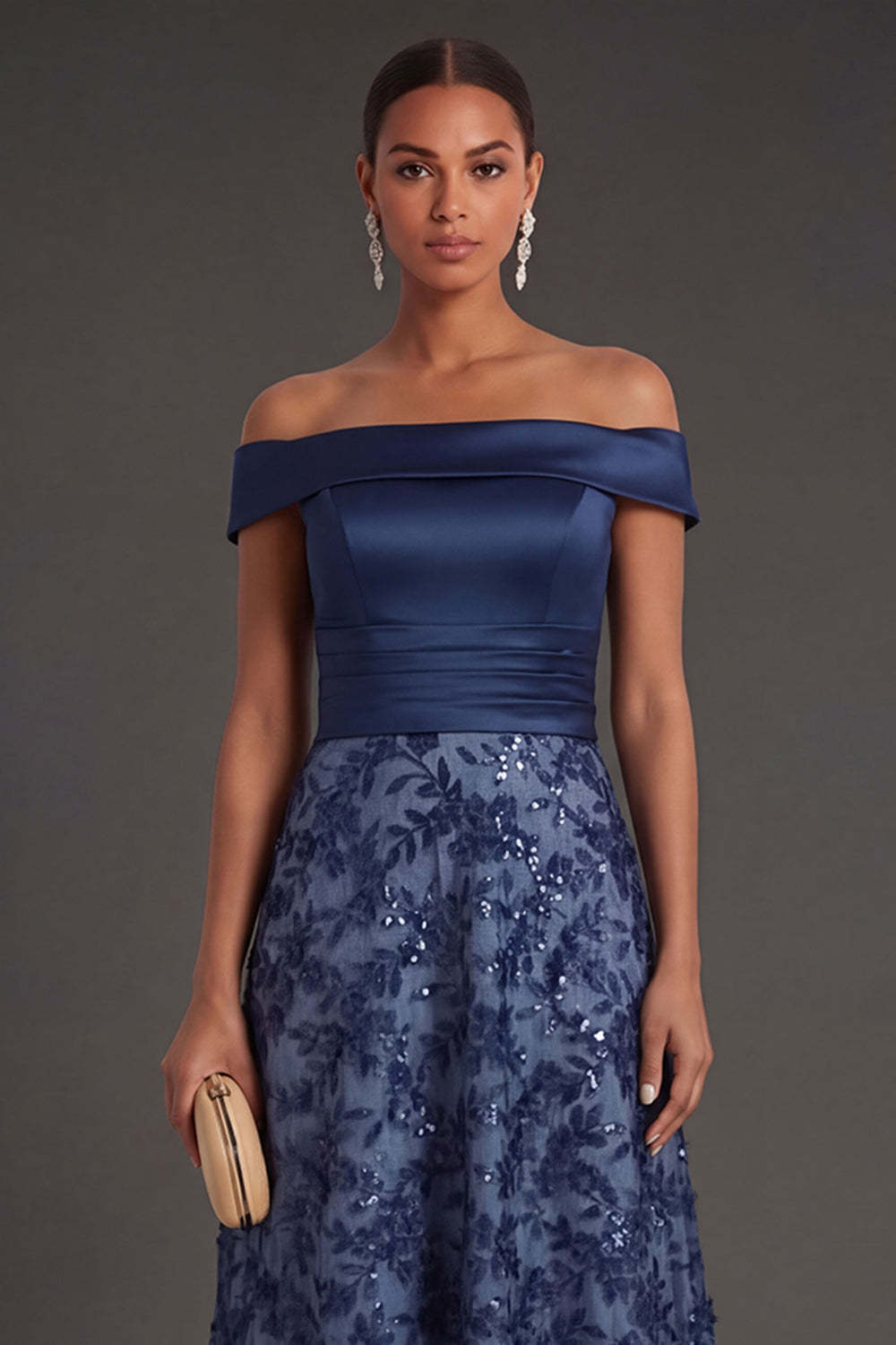 Navy A Line Floral Off the Shoulder Appliqued Satin Long Formal Dress