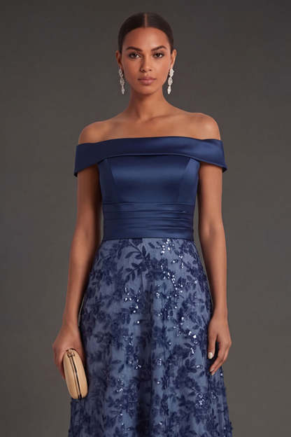 Navy A Line Floral Off the Shoulder Appliqued Satin Long Formal Dress