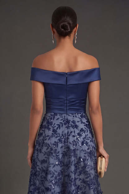 Navy A Line Floral Off the Shoulder Appliqued Satin Long Formal Dress
