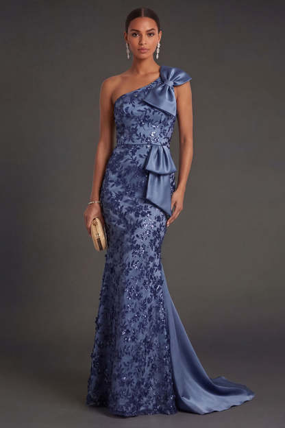 Leely Women One Shoulder Navy Floral Sheath Long Formal Dress with Cape Appliqued Backless Sleeveless Wedding Guest Dress With Bow