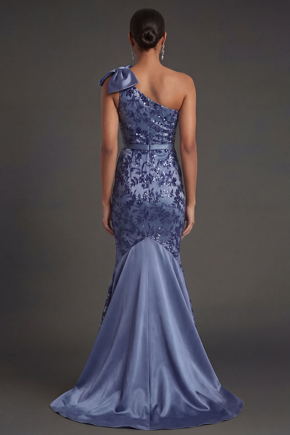 One Shoulder Navy Appliqued Floral Sheath Long Formal Dress with Cape