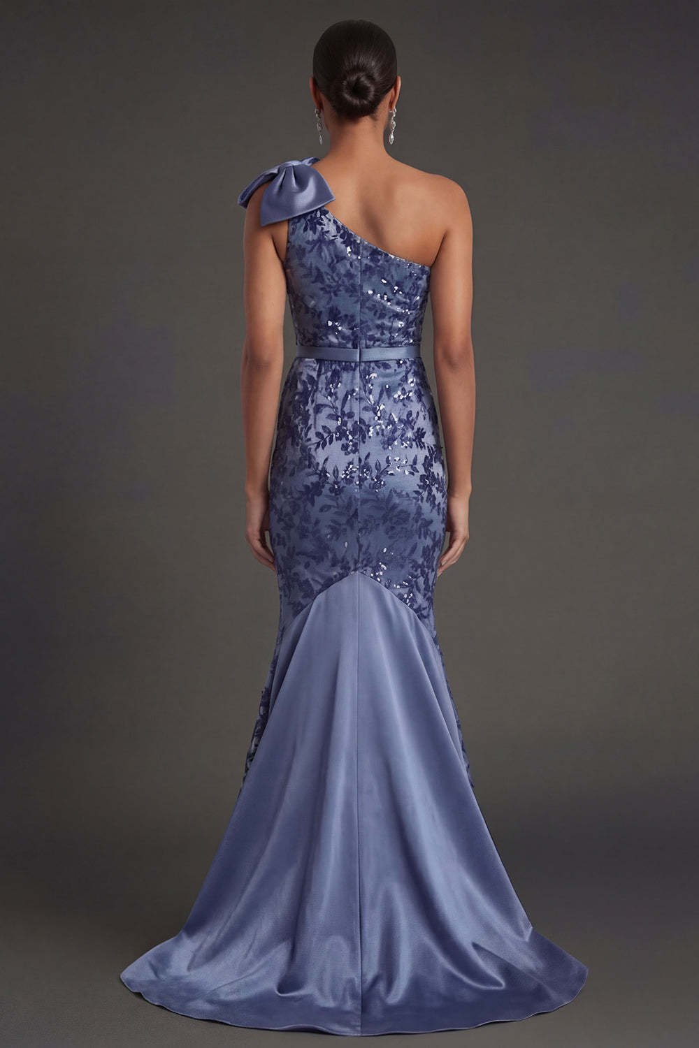 One Shoulder Navy Appliqued Floral Sheath Long Formal Dress with Cape