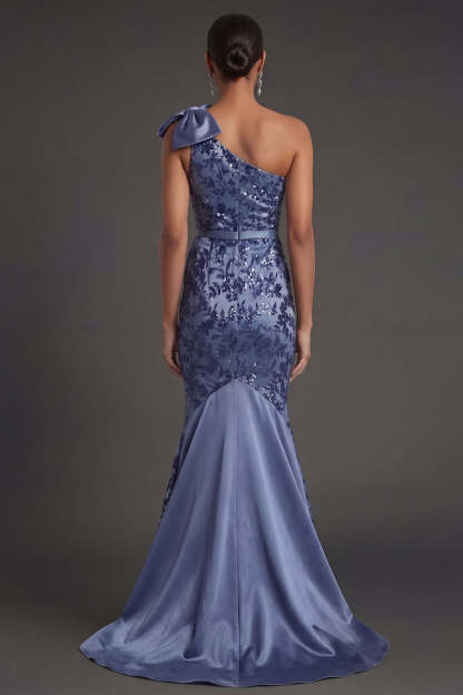 One Shoulder Navy Appliqued Floral Sheath Long Formal Dress with Cape